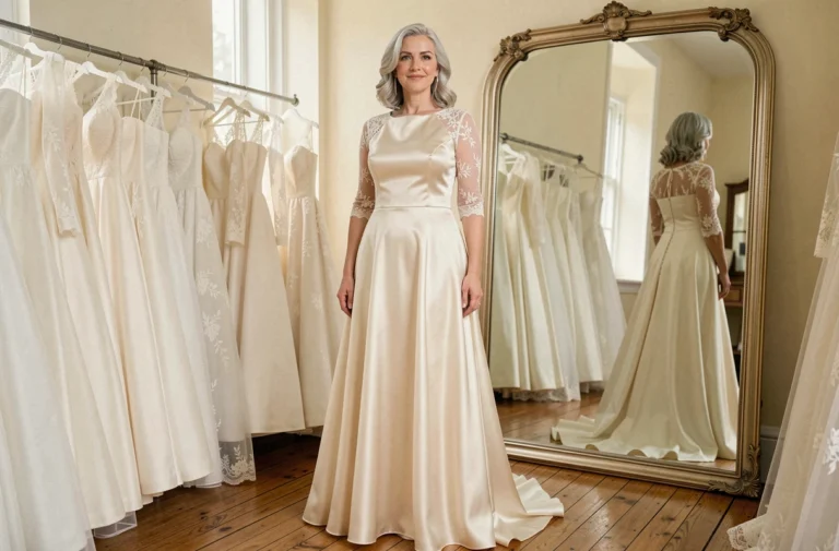Femme élégante de plus de 60 ans essayant une robe de mariée ivoire en dentelle dans une boutique de mariage