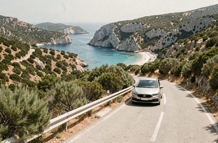 Route côtière sinueuse en Corse menant à la plage de Cala d'Orzu depuis Ajaccio, entourée de maquis et de falaises rocheuses
