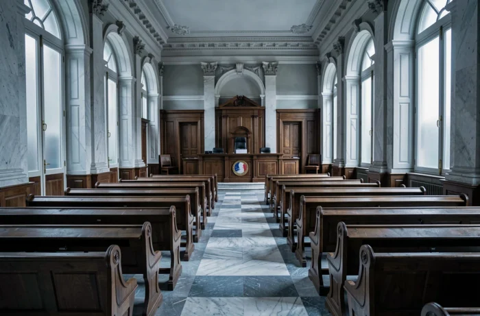 Salle d'audience vide d'un tribunal français classique avec bancs en bois et emblème de la République, symbolisant la jurisprudence et les décisions de la Cour de cassation