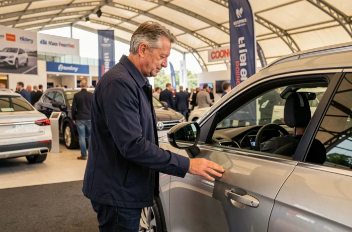 Homme belge examinant un SUV hybride lors d'un salon automobile en plein air à Liège