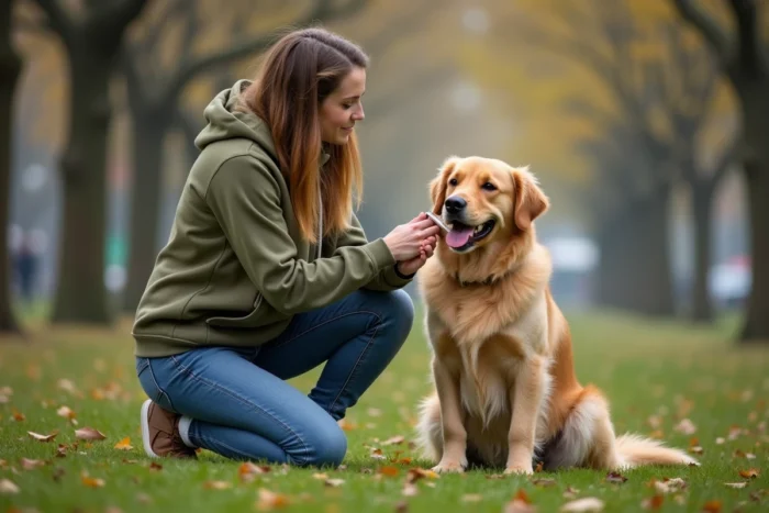 Femme qui brosse son golden retriever dans un parc en automne, soin quotidien du chien