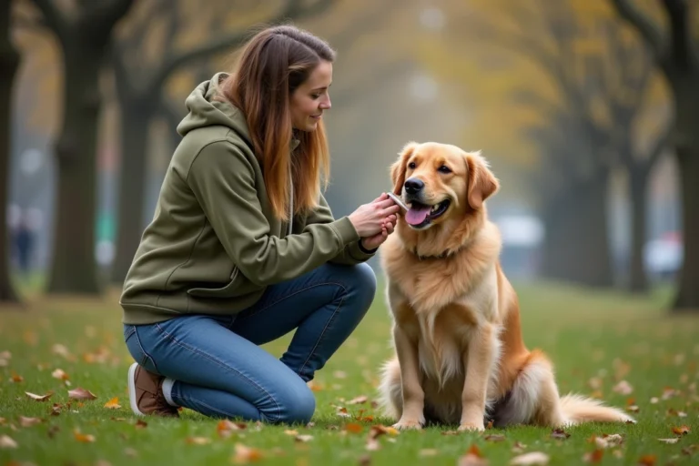 Femme qui brosse son golden retriever dans un parc en automne, soin quotidien du chien