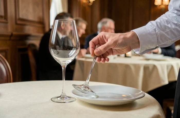 Sommelier plaçant un verre à vin en cristal avec précision sur une table de restaurant gastronomique dressée avec soin
