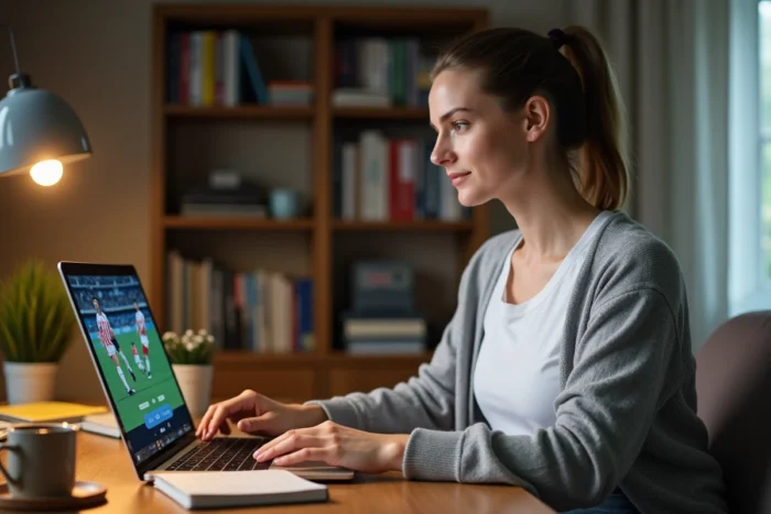 Femme regardant un streaming sportif sur son ordinateur portable à domicile
