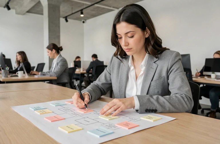 Femme professionnelle en train de créer une structure de site web sur papier avec des post-it colorés dans un bureau moderne