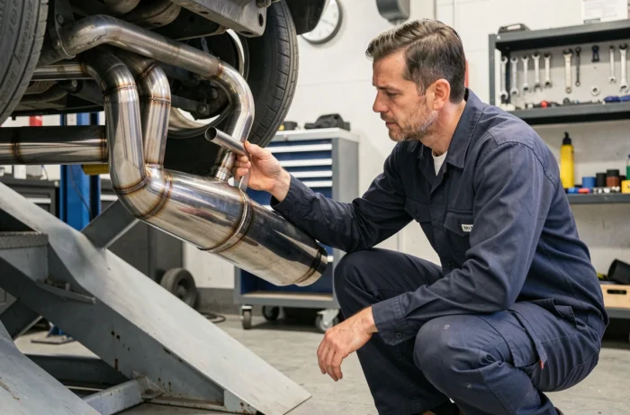 Technicien automobile inspectant un système d'échappement haute performance sous un véhicule surélevé dans un atelier professionnel