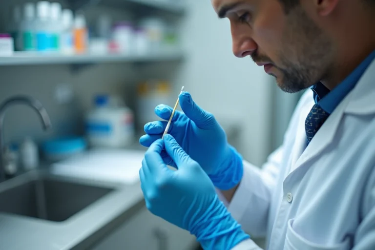 Technicien de laboratoire tenant un écouvillon salivaire pour test de détection de cocaïne