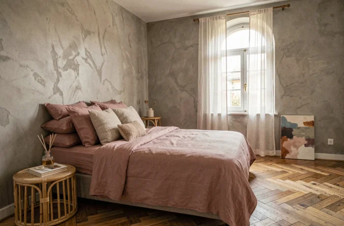 Chambre cosy aux murs en plâtre brut avec literie en lin rose poudré et mobilier en rotin, inspirée des nouvelles tendances décoration intérieure