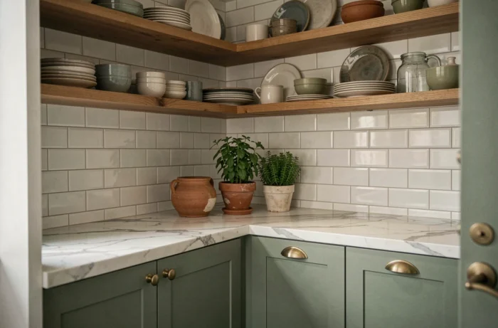 Cuisine moderne aux armoires vert sauge et plan de travail en marbre avec accessoires artisanaux, tendance rénovation maison contemporaine