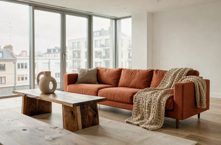 Salon scandinave moderne aux tons terracotta avec canapé en lin, vase céramique et parquet en chêne clair illustrant les tendances déco maison 2024