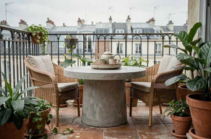 Terrasse urbaine tendance avec table en béton, fauteuils en rotin et plantes en pots en terre cuite, idées décoration extérieure maison 2024