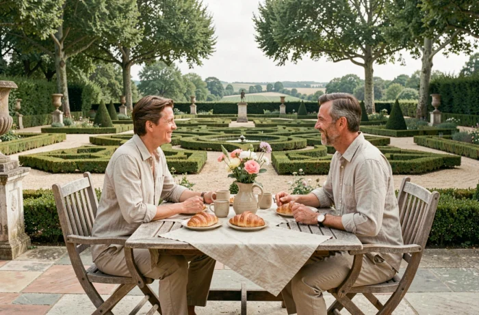 Couple prenant le petit-déjeuner sur une terrasse en pierre surplombant un jardin à la française avec parterres de buis en Île-de-France