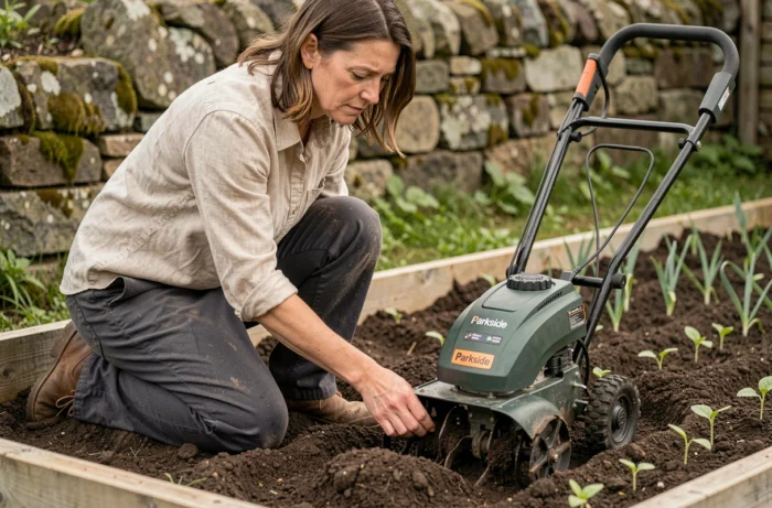 Femme testant un motoculteur électrique Parkside dans un potager avec un sol bien retourné