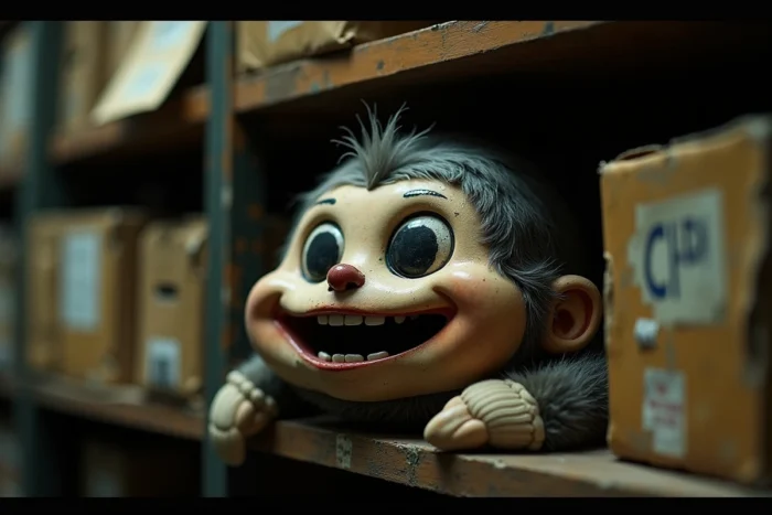 Tête de mascotte vintage posée sur une étagère poussiéreuse, au regard figé et sourire inquiétant illustrant le phénomène de la vallée de l'étrange