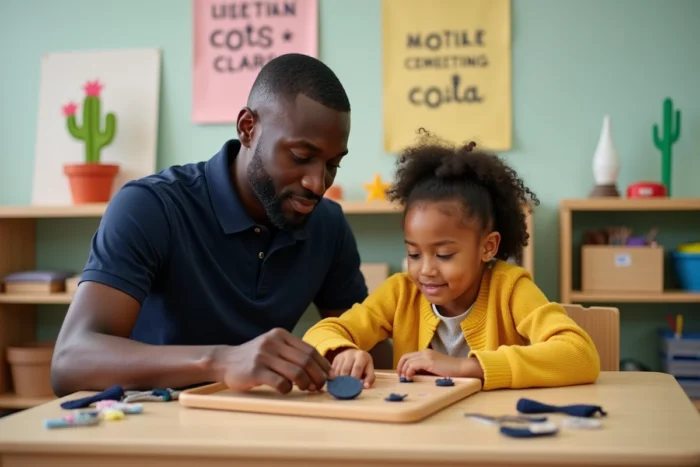 Thérapeute travaillant avec une jeune fille autiste sur des outils sensoriels dans une clinique pédiatrique en Arizona, inclusion et accompagnement autisme