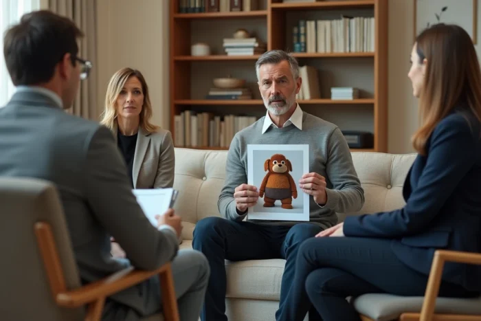 Séance de thérapie pour adultes souffrant de la peur des mascottes, avec une psychologue et un patient tenant une photo de costume