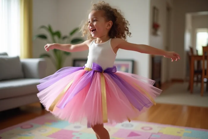Petite fille portant un tutu d'acrobate sans couture fait maison en tulle coloré rose, violet et doré, tournant joyeusement dans un salon