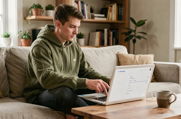 Jeune homme naviguant sur un site web bien structuré depuis un ordinateur portable dans un salon confortable