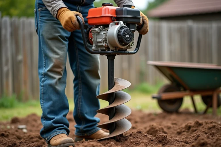 Homme utilisant une tarière thermique pour creuser un trou dans un jardin rural avec un sol sec et une clôture en bois en arrière-plan