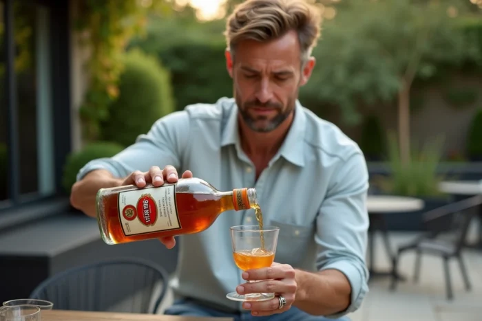 Homme versant une dose précise de Ricard dans un verre à l'aide d'un doseur lors d'une soirée en terrasse