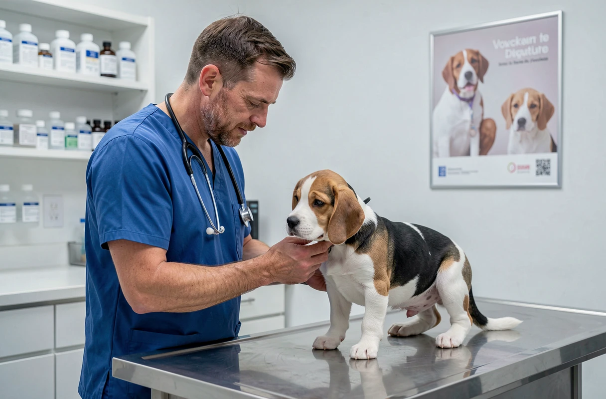 Vétérinaire examinant un chiot beagle sur une table d'examen dans une clinique vétérinaire moderne