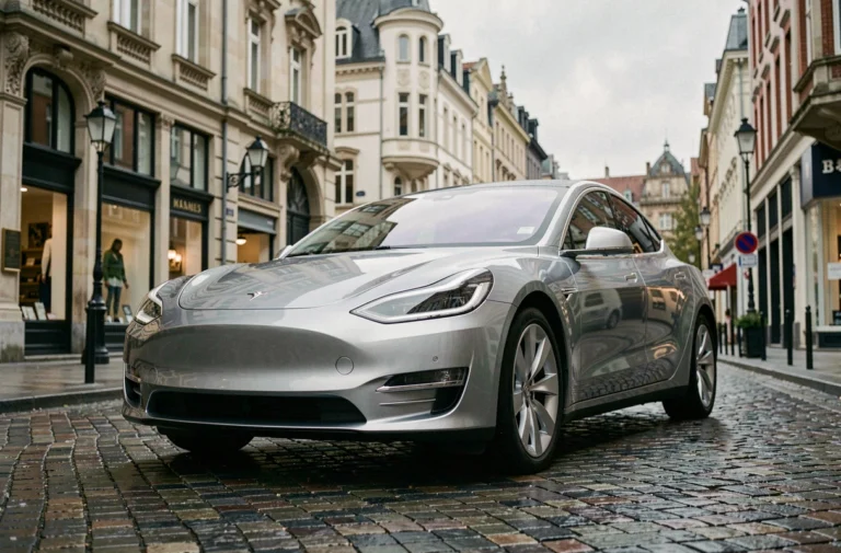 Voiture électrique moderne garée sur les pavés de Bruxelles avec architecture Art Nouveau en arrière-plan