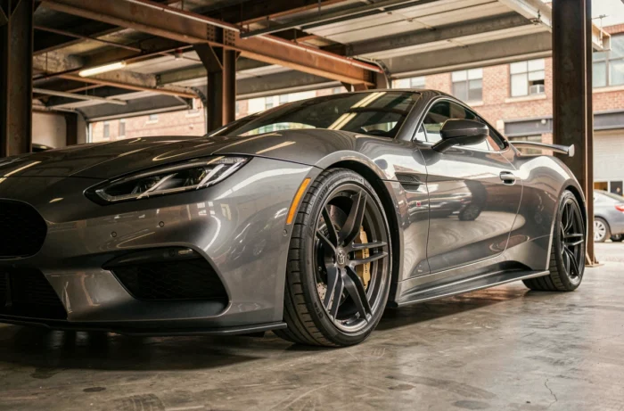 Voiture de sport gris métallisé avec jantes alliage personnalisées garée dans un garage urbain moderne aux sols en béton poli