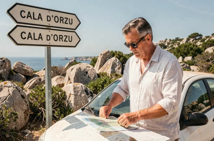 Voyageur consultant une carte routière à un panneau de signalisation vers Cala d'Orzu en Corse lors d'un trajet depuis Ajaccio