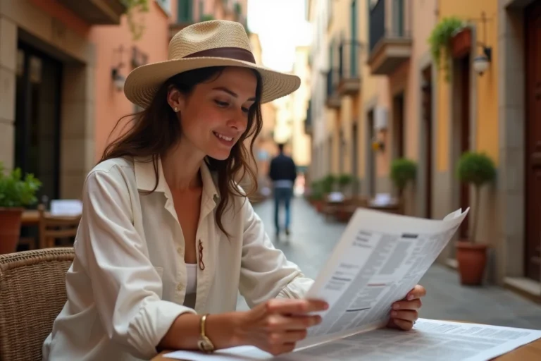 Voyageuse consultant une carte papier dans une ruelle pavée d'une vieille ville méditerranéenne, ambiance authentique de voyage en Europe