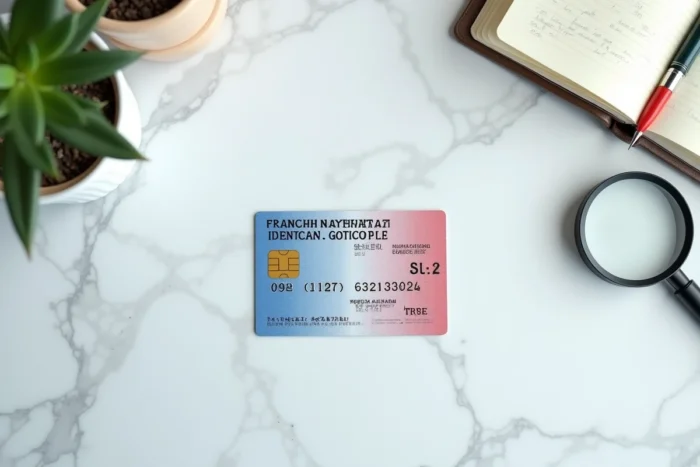 Vue de dessus d'une carte d'identité française posée sur un bureau blanc avec une loupe pour vérification