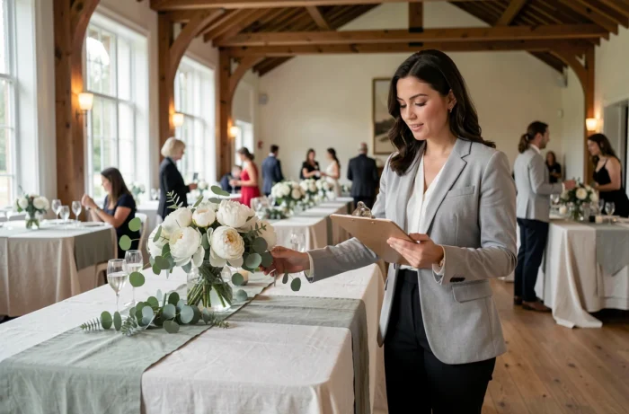 Wedding planner professionnelle coordonnant les préparatifs d'une réception de mariage dans une salle élégante décorée de fleurs blanches